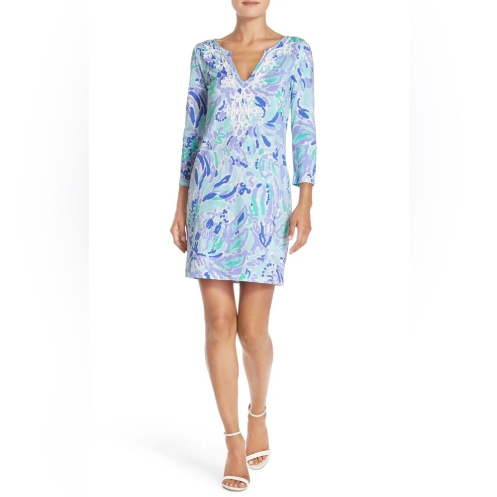 Lilly Pulitzer Blue and Green 100% Pima Cotton Midi Sheath Dress Sz S
